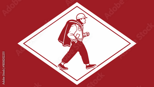 Red diamond emblem with white silhouette of a person carrying a sack on their shoulder, walking right