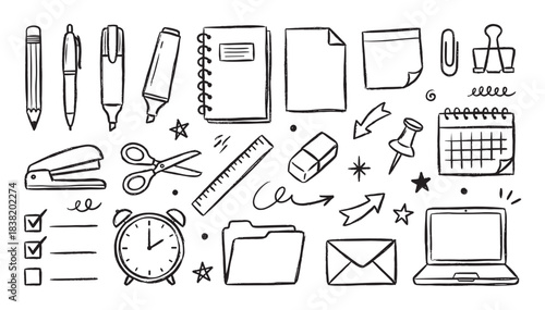 Hand-drawn doodle set of office supplies and school stationery icons including a laptop, notebook, pen, and calendar in a simple black and white sketch illustration style