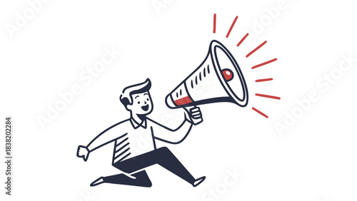 Illustration of a man running with a megaphone, announcing news or making an announcement