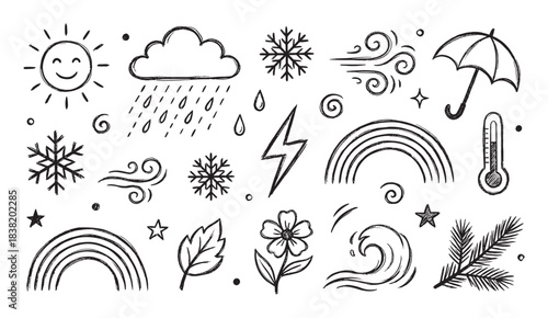 Hand-drawn collection of weather and season icons in a black and white doodle style, featuring a sun, cloud, rain, snow, wind, lightning, and rainbow for forecast concepts