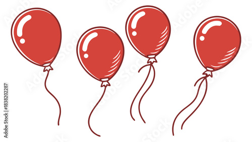 Collection of four vibrant red balloons with ribbons against a clean white backdrop, perfect for celebratory themes