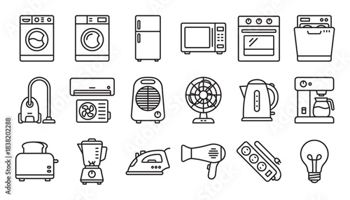 Collection of black line art icons representing various household appliances and electronic devices like a washing machine, refrigerator, microwave, fan, and vacuum cleaner