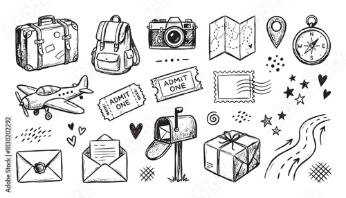 Hand-drawn black and white travel icons set featuring a vintage suitcase, camera, airplane, map, compass, and letter illustrations in a charming doodle style