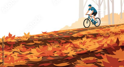 Cyclist riding through autumn leaves in modern flat design