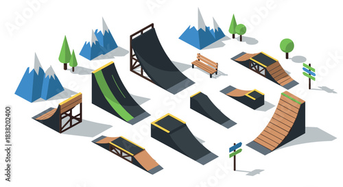 Isometric skateboard park elements with ramps and trees