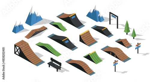 Isometric skate park ramps and mountain elements in vibrant design