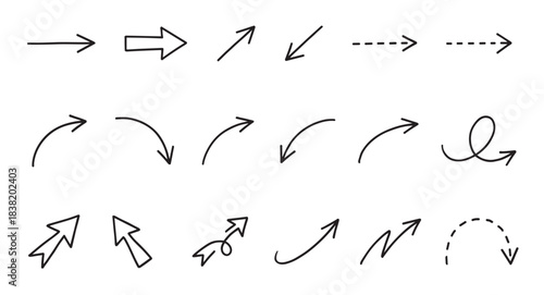 Set of hand-drawn black line arrows in a simple doodle sketch style, featuring various shapes like curved, straight, and dashed pointers for indicating direction