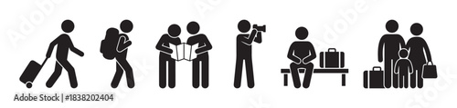 Set of black stick figure traveler icons showing various tourism and vacation activities like backpacking, reading a map, taking photos, waiting, and family trips
