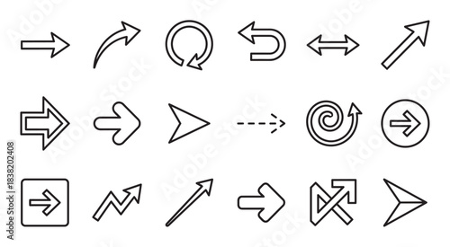 Diverse collection of black line arrow icons in various shapes and styles for user interface and graphic design, including pointers, cursors, and navigation symbols