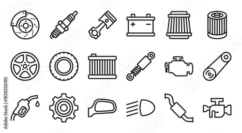 Car parts and automotive service icons set in a minimalist black line art style, featuring components like engine, brake, wheel, battery, filter, and spark plug for vehicle maintenance