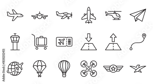 Aviation and travel related thin line icons set featuring an airplane, helicopter, drone, luggage, and boarding pass for transportation and tourism concepts