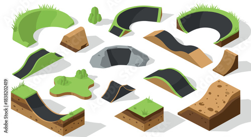Set of isometric skatepark ramps and obstacles with grass detailing