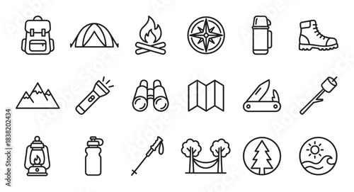 Set of black line art icons for camping and hiking includes a backpack, tent, campfire, compass, and other outdoor adventure equipment in a minimalist vector style