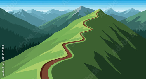 Serene mountain pathway winding through green peaks in flat design