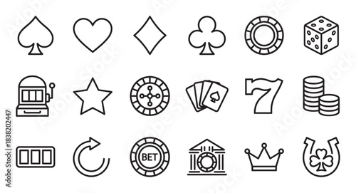 Set of black line art icons representing gambling and casino themes, including card suits, dice, a slot machine, roulette wheel, poker chips, and lucky symbols for gaming concepts