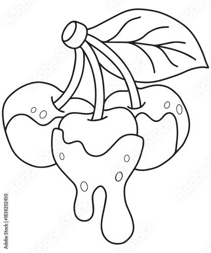 Three ripe cherries covered in rich chocolate syrup isolated on white background Coloring Sheet