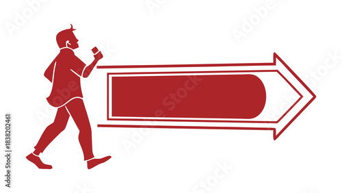 Red graphic of a person walking with a device, next to a large arrow with a customizable label, symbolizing progress, direction, and an active lifestyle