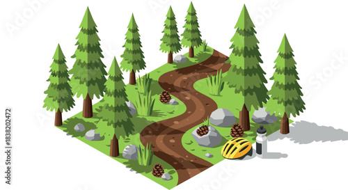 Isometric forest scene with trail, trees, and outdoor gear