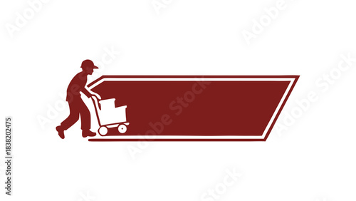 Delivery person with shopping cart pushing a label for promotional text on a white background