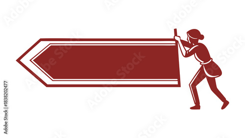 Red directional arrow sign with a silhouette of a person pushing it forward, symbolizing progress and guidance