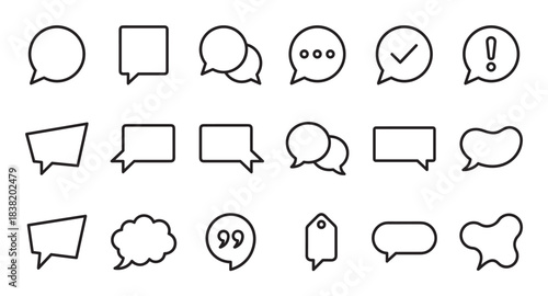 Collection of black line art speech bubble icons in various shapes and styles for communication, featuring circles, squares, clouds, and symbols for chat, dialogue, and notifications