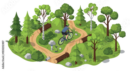Isometric forest cycling trail with lush greenery and biker adventure scene