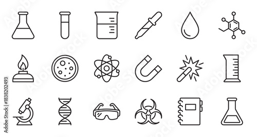 Set of science and chemistry icons featuring laboratory equipment like flasks, beakers, and a microscope in a clean, minimalist black line art vector illustration style for research