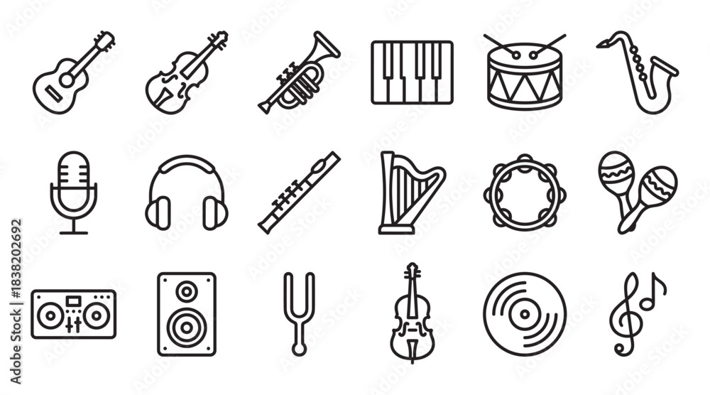 Fototapeta premium Collection of minimalist black outline icons representing musical instruments and audio equipment including a guitar, drum, keyboard, microphone, and vinyl record