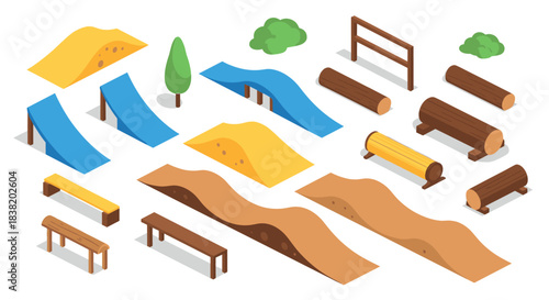 Isometric playground set with ramps, benches, and logs for outdoor activities