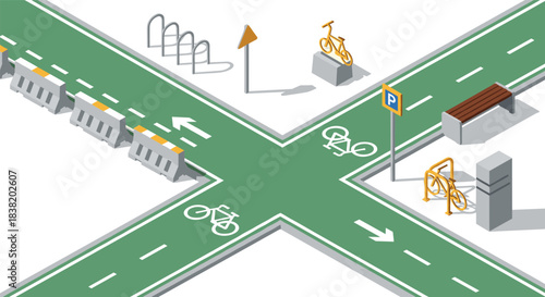Isometric urban bicycle crossing with bike lane and parking features