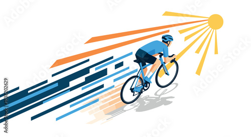 Dynamic cyclist racing toward the sun in vibrant geometric design