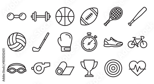 Collection of black line sport icons representing various athletic and fitness activities, including a dumbbell, basketball, football, trophy, and bicycle in a clean minimalist style