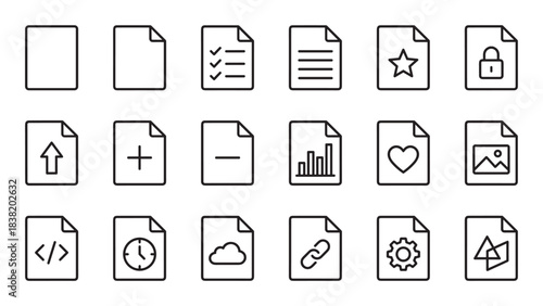 Collection of black document and file line icons showing various functions like add, upload, lock, favorite, and settings in a simple, minimalist vector illustration style