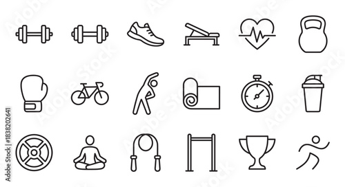 Set of black line art icons representing fitness, gym workouts, and a healthy lifestyle with symbols for dumbbell, yoga, running, and cycling in a minimalist vector style