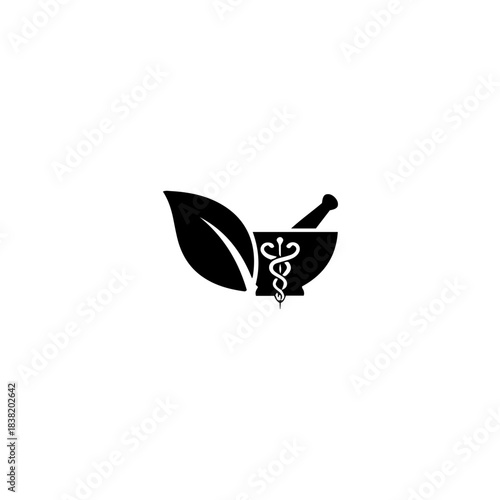 Natural healing symbol mortar and pestle with caduceus and leaf, representing pharmacy, medicine, and herbal remedies. isolated on transparent background