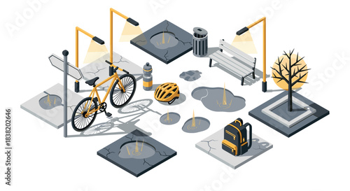 Urban isometric scene with bicycle and street elements in modern style