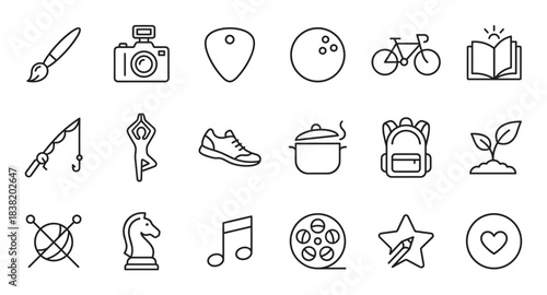 Diverse set of minimalist line icons representing hobbies, sports, and creative leisure activities such as painting, photography, music, reading, and travel in a clean vector illustration