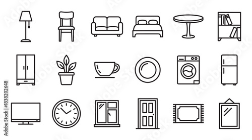 Collection of home furniture and appliance icons in a minimalist black line art style, showing various household objects like a sofa, bed, chair, table, and washing machine