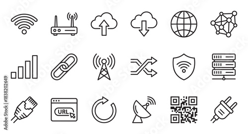 Internet and network technology line icons including wifi, router, cloud, server, and security symbols in a minimalist black and white outline style