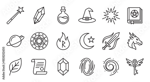 Magic and fantasy line icon set featuring a wand, crystal, potion, wizard hat, spellbook, dragon, and other mystical symbols for role-playing games and esoteric themes