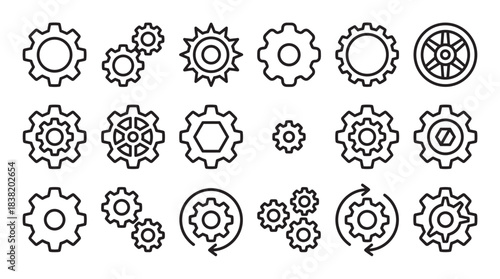 Collection of black line art gear and cogwheel icons representing mechanics, engineering, and industrial processes in a minimalist flat vector graphic illustration set for various designs