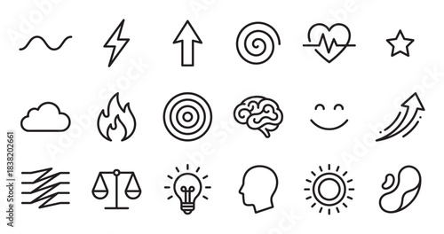 Set of simple black outline icons depicting concepts such as psychology, creativity, and balance, presented in a clean, minimalist vector style