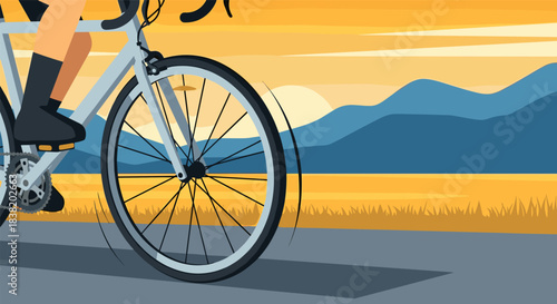 Cyclist riding bike at sunrise with mountain landscape in flat design