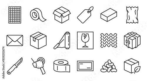 Collection of packaging and shipping line icons showing a cardboard box, tape dispenser, fragile symbol, and bubble wrap for logistics and delivery services in a minimalist vector style