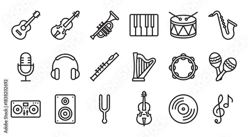Collection of minimalist black outline icons representing musical instruments and audio equipment including a guitar, drum, keyboard, microphone, and vinyl record