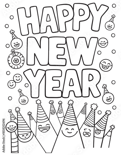 Simple happy new year text with cartoon party hats for kids coloring sheet isolated on white background Coloring book Sheet