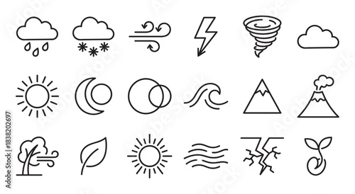 Collection of black line art icons representing weather, nature, and environmental elements including sun, rain, snow, wind, tornado, volcano, and earthquake symbols