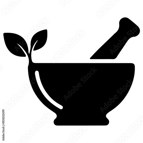 Mortar and pestle with sprout, representing herbal medicine and natural remedies, isolated on white. isolated on transparent background