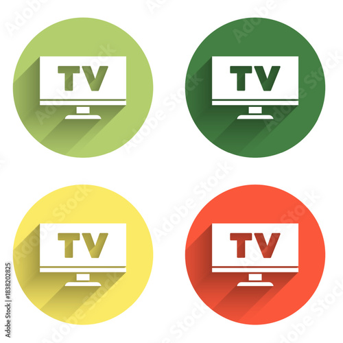 Set Smart Tv icon isolated with long shadow background. Television sign. Color circle button. Vector