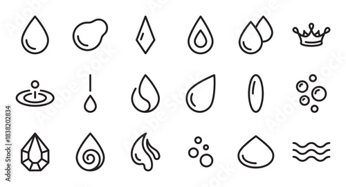 Water drop and liquid shape icon collection featuring minimalist outline symbols for purity, fluid dynamics, moisture, and nature concepts in a simple monochrome design